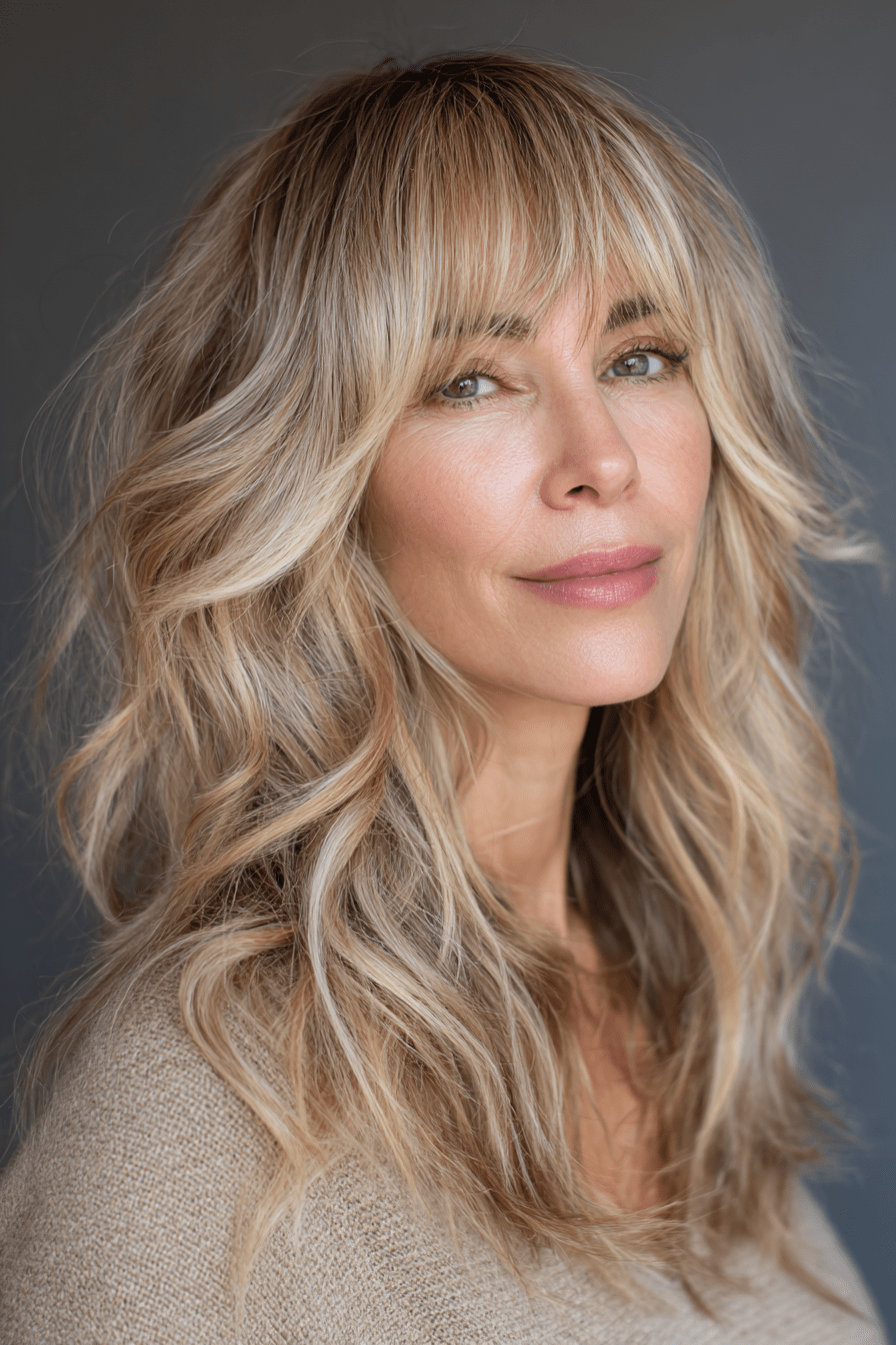Collarbone Ash Blonde Full Bangs — Long Hair with Bangs