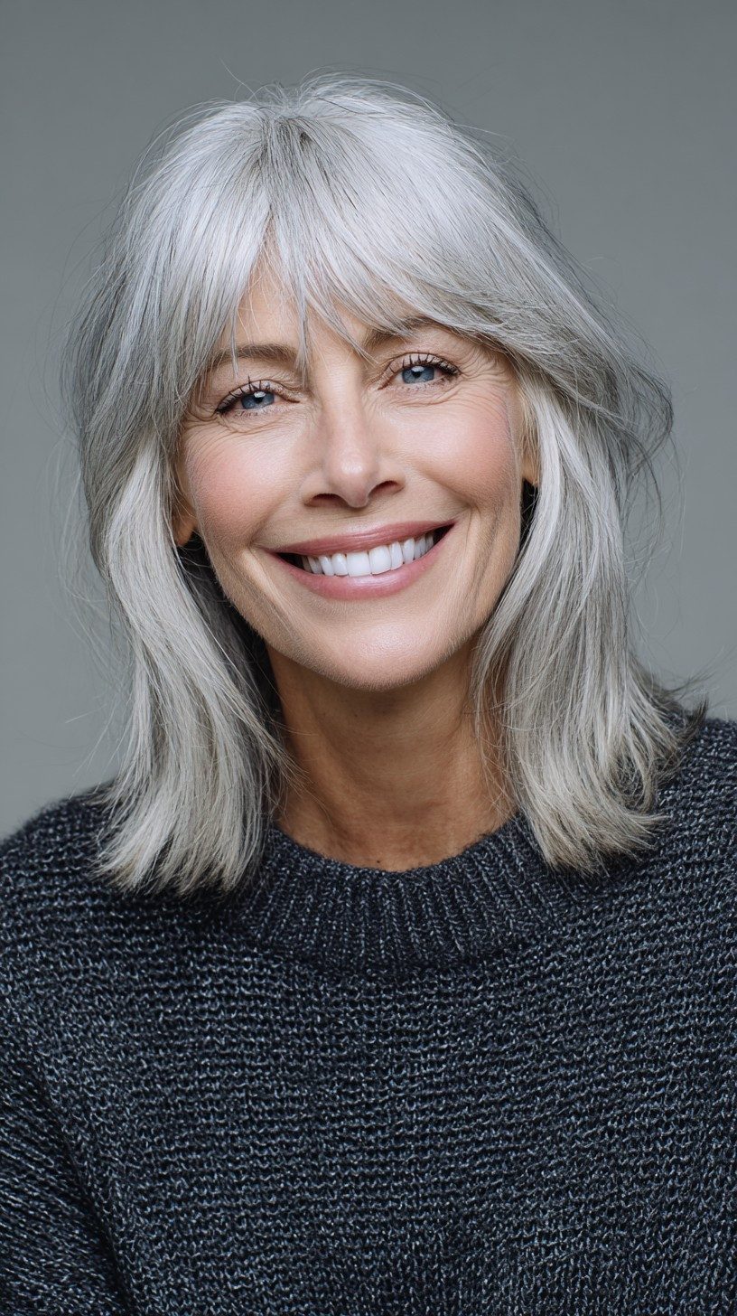 Collarbone Layers With Curtain Bangs — Gray Hair with Bangs