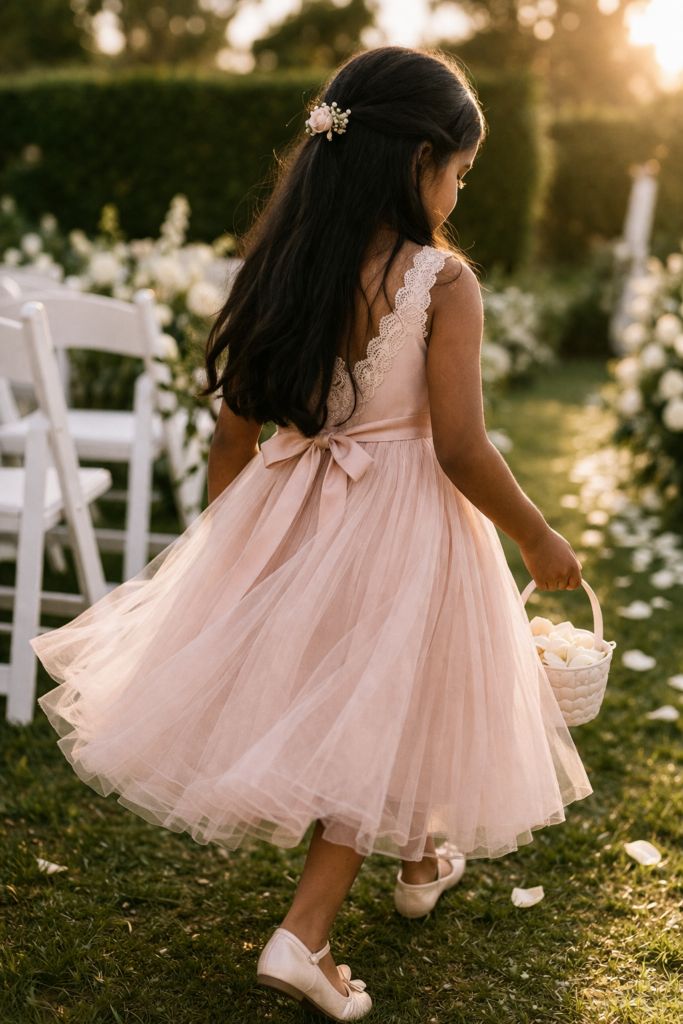 Blush Pink Satin Dress with Full Tulle Skirt and Bow Blush Pink Satin Dress with Full Tulle Skirt and Bow — Flower Girl Dresses