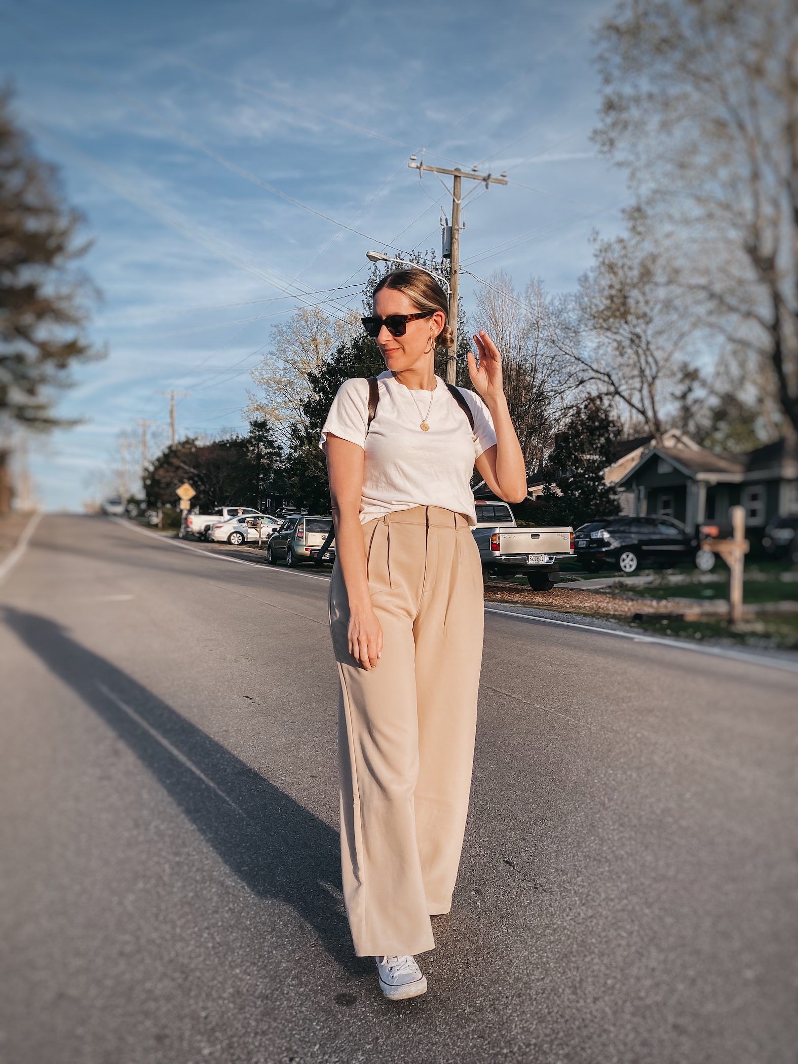 Beige Wide-Leg Trousers Paired with a White T-Shirt — Trouser Outfits