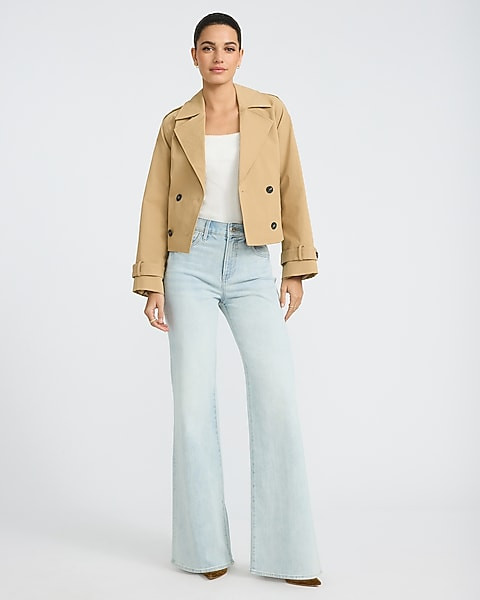Flare Jeans with Cropped Trench Jacket and Heels — High Waisted Jeans