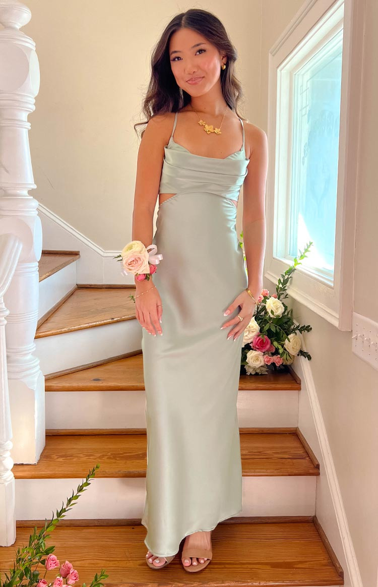 Formal Event Prom Sage Green Satin Maxi Dress with Side Cutouts and Cowl Neckline Formal Event Prom Sage Green Satin Maxi Dress with Side Cutouts and Cowl Neckline — Cutout Dresses