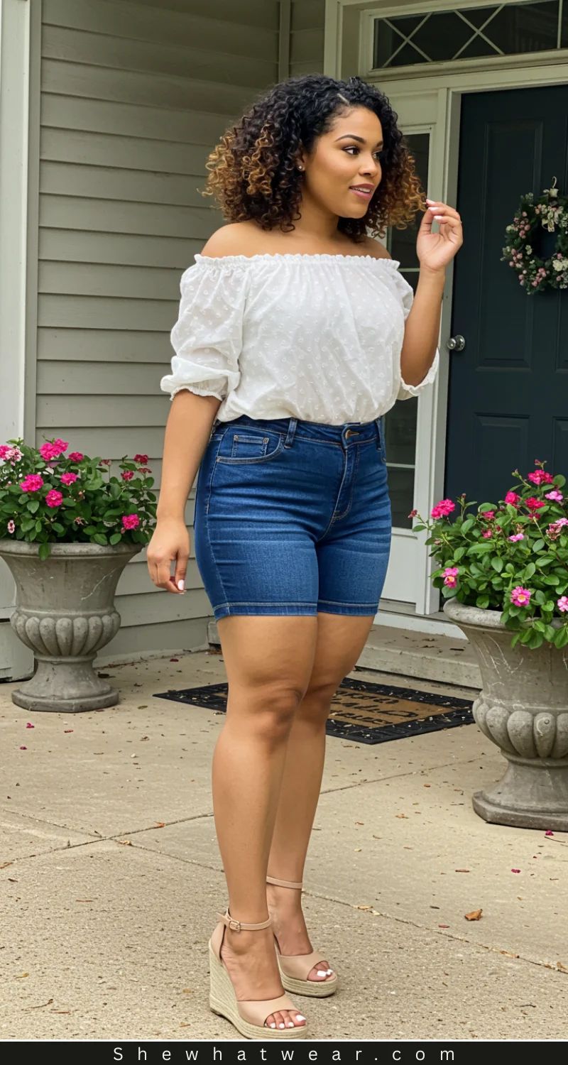 Off-the-Shoulder Blouse with Fitted Denim Shorts — Outfits for Short Torso