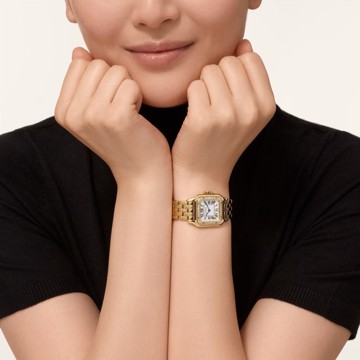 Casual Formal Gold Watch with Diamond Bezel and Turtleneck — Gold Watches for Women
