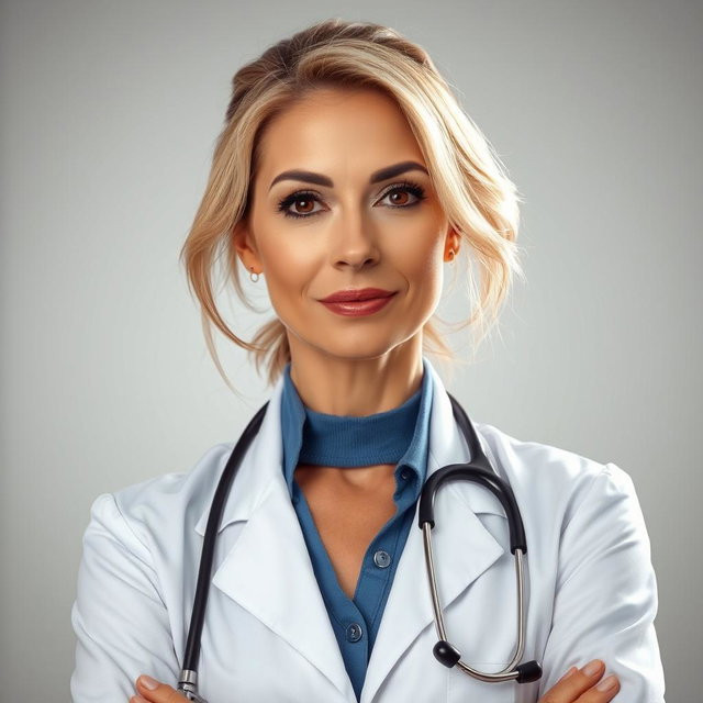 Fitted Lab Coat with Stethoscope and Blue Shirt Fitted Lab Coat with Stethoscope and Blue Shirt — Doctor Outfits Women