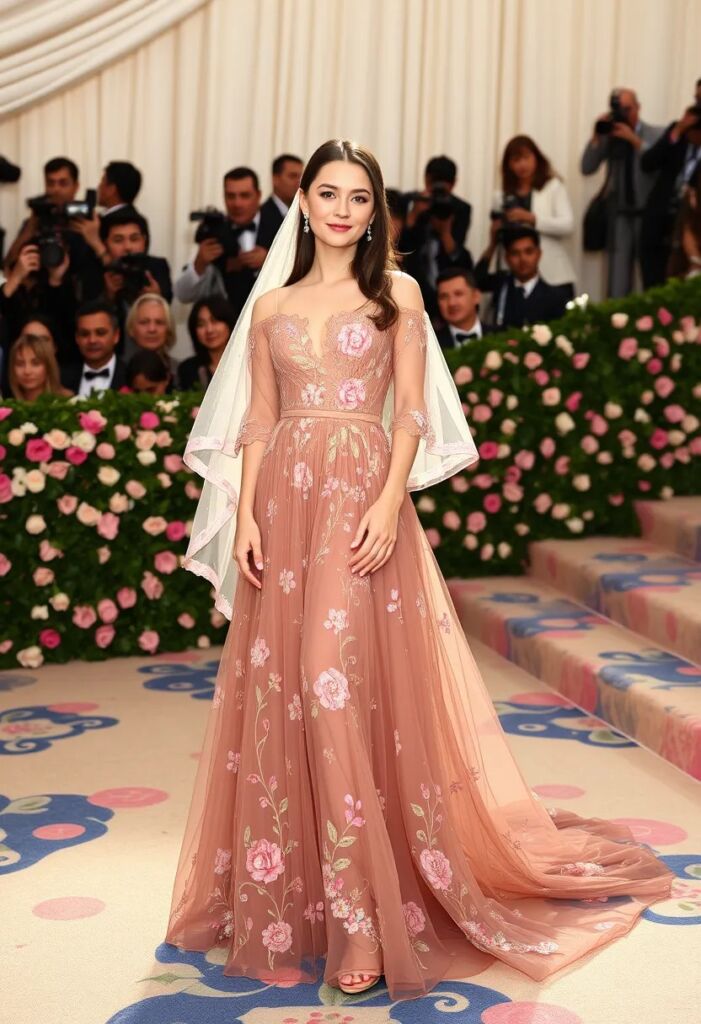 Blush Pink Tulle Gown with Floral Embroidery and Veil — Gala Outfits