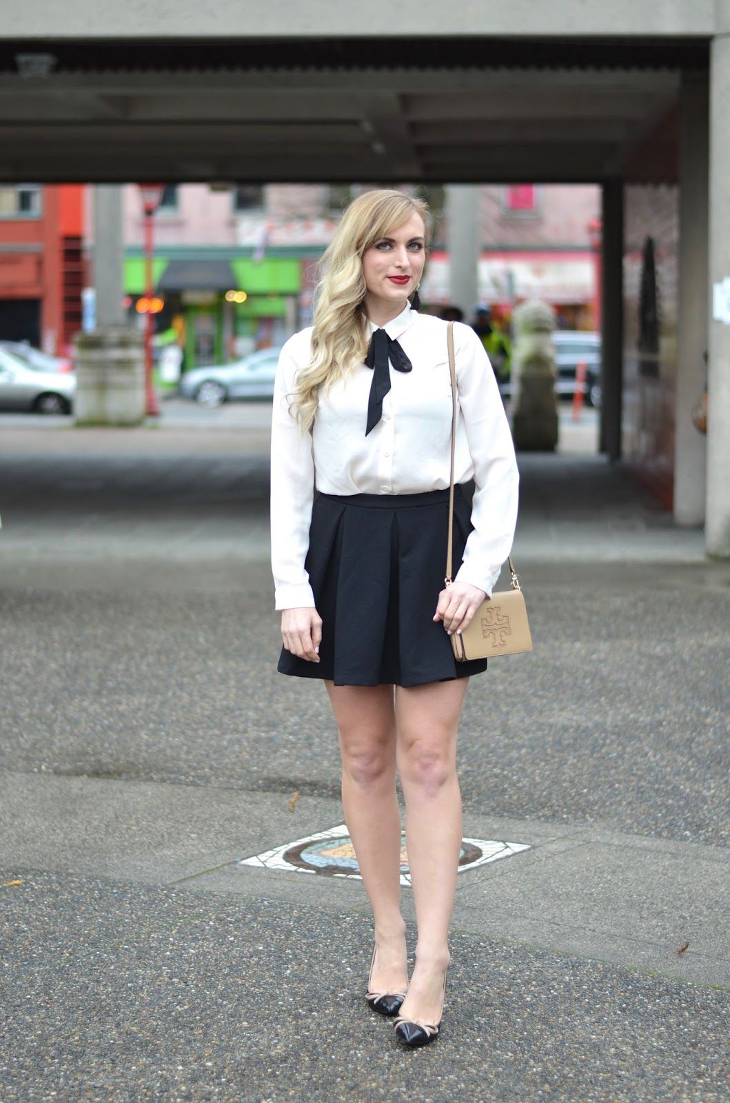 Classic Bow Tie Blouse with Pleated Mini Skirt — Vancouver Outfits