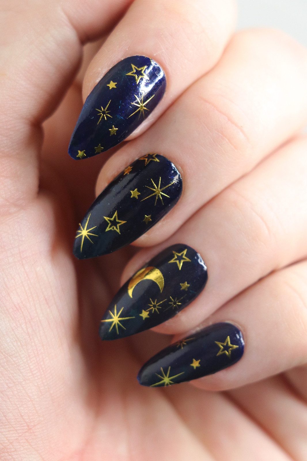 Midnight Blue with Gold Foil Stars and Moon Midnight Blue with Gold Foil Stars and Moon — Moon and Stars Nails