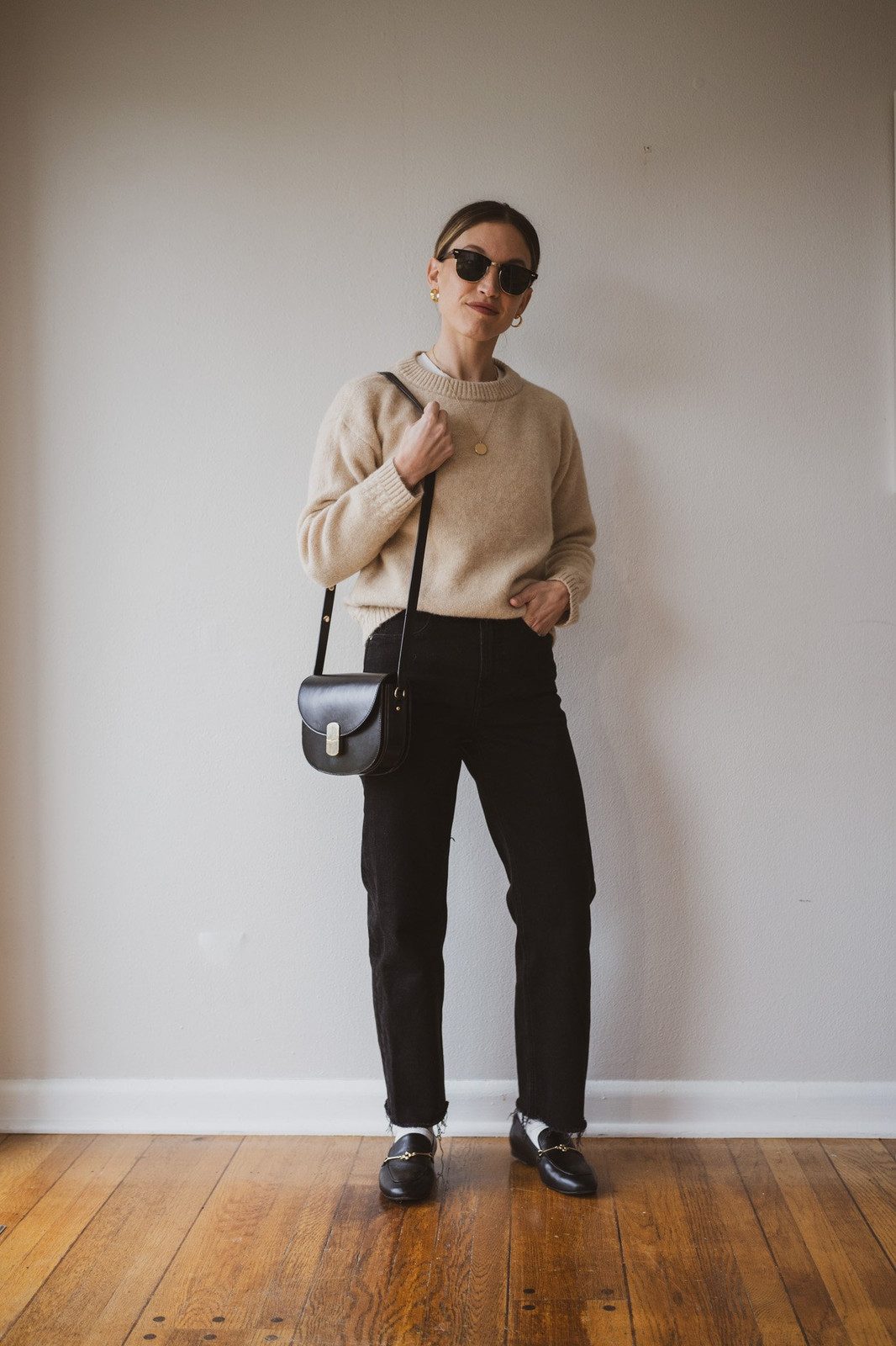 Casual Elegance: Black Loafers with White Socks and Beige Knit Sweater Casual Elegance: Black Loafers with White Socks and Beige Knit Sweater — Socks with Loafers Outfits