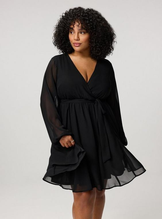 Black Chiffon Wrap Dress with Balloon Sleeves — Dresses for Big Bust