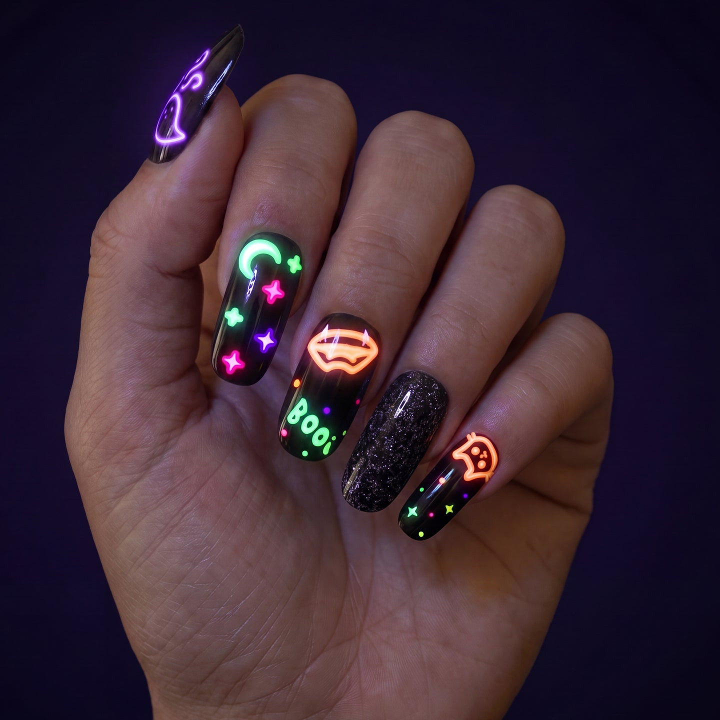 Neon Halloween Motif Long Squares Neon Halloween Motif Long Squares — Glow in the Dark Nails