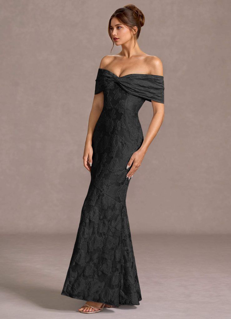 Formal Event Wedding Guest Black Off-the-Shoulder Lace Mermaid Dress with Floor-Length Hem — Semi Formal Dresses