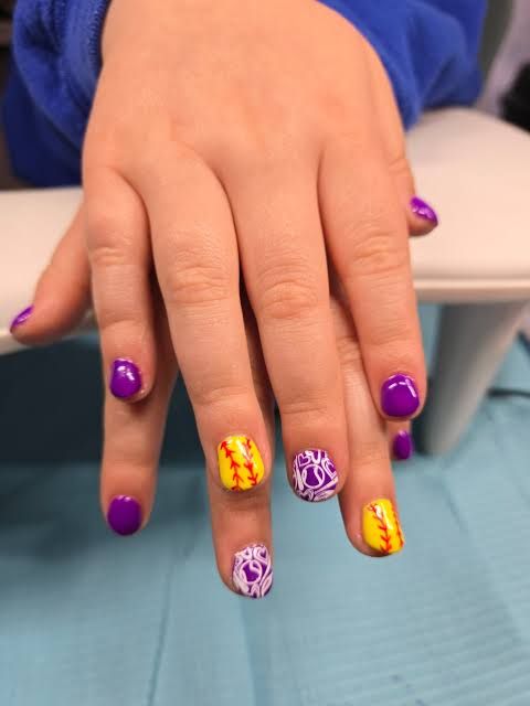 Glossy Yellow Softball Purple Swirl Nails — Softball Nails