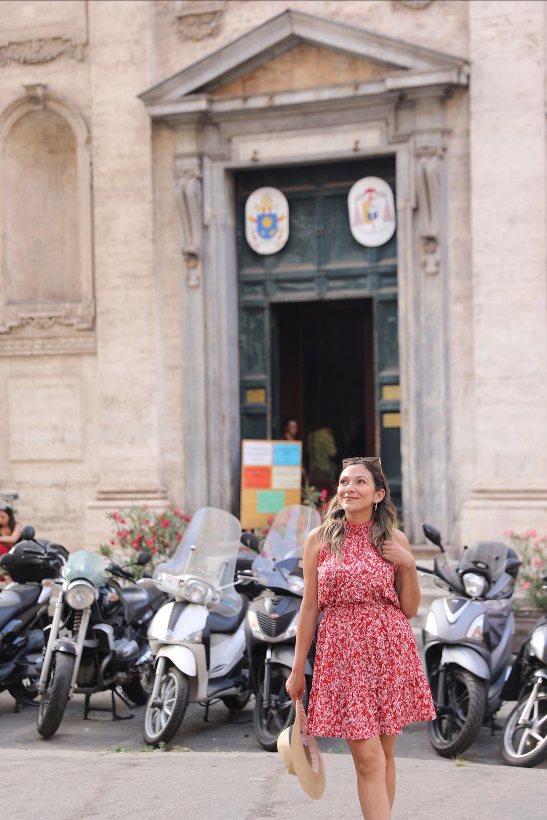 Red Floral Dress and Straw Hat for Classic Sightseeing Red Floral Dress and Straw Hat for Classic Sightseeing — Rome Outfits