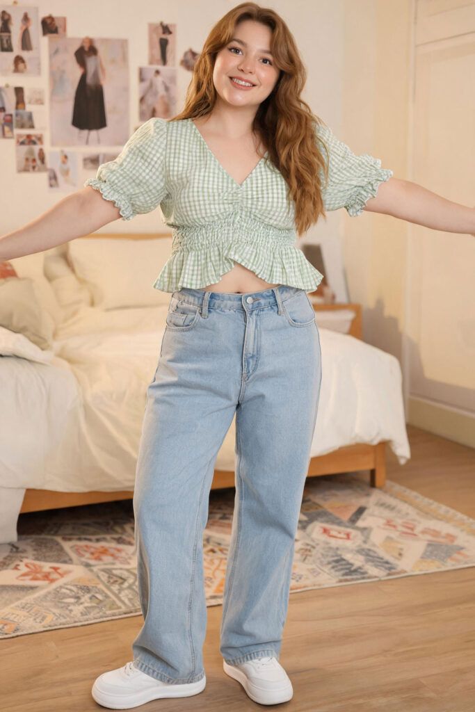 Green Gingham Peplum Top with Wide-Leg Jeans Green Gingham Peplum Top with Wide-Leg Jeans — Soft Girl Outfits