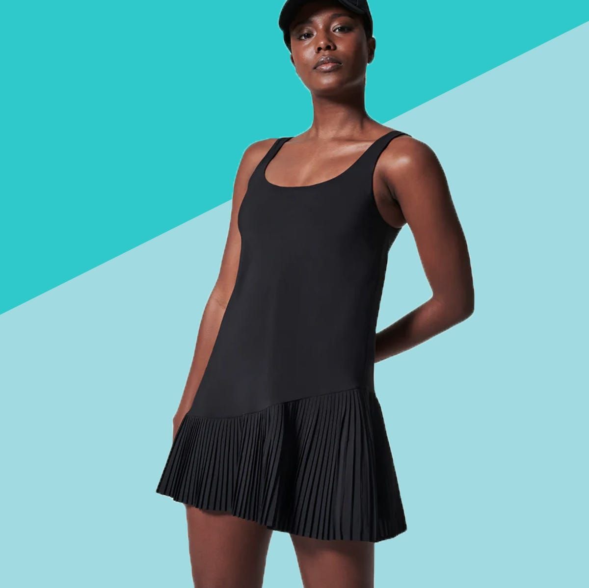 Black Athletic Dress with Pleated Skirt and Cap — Exercise Dresses