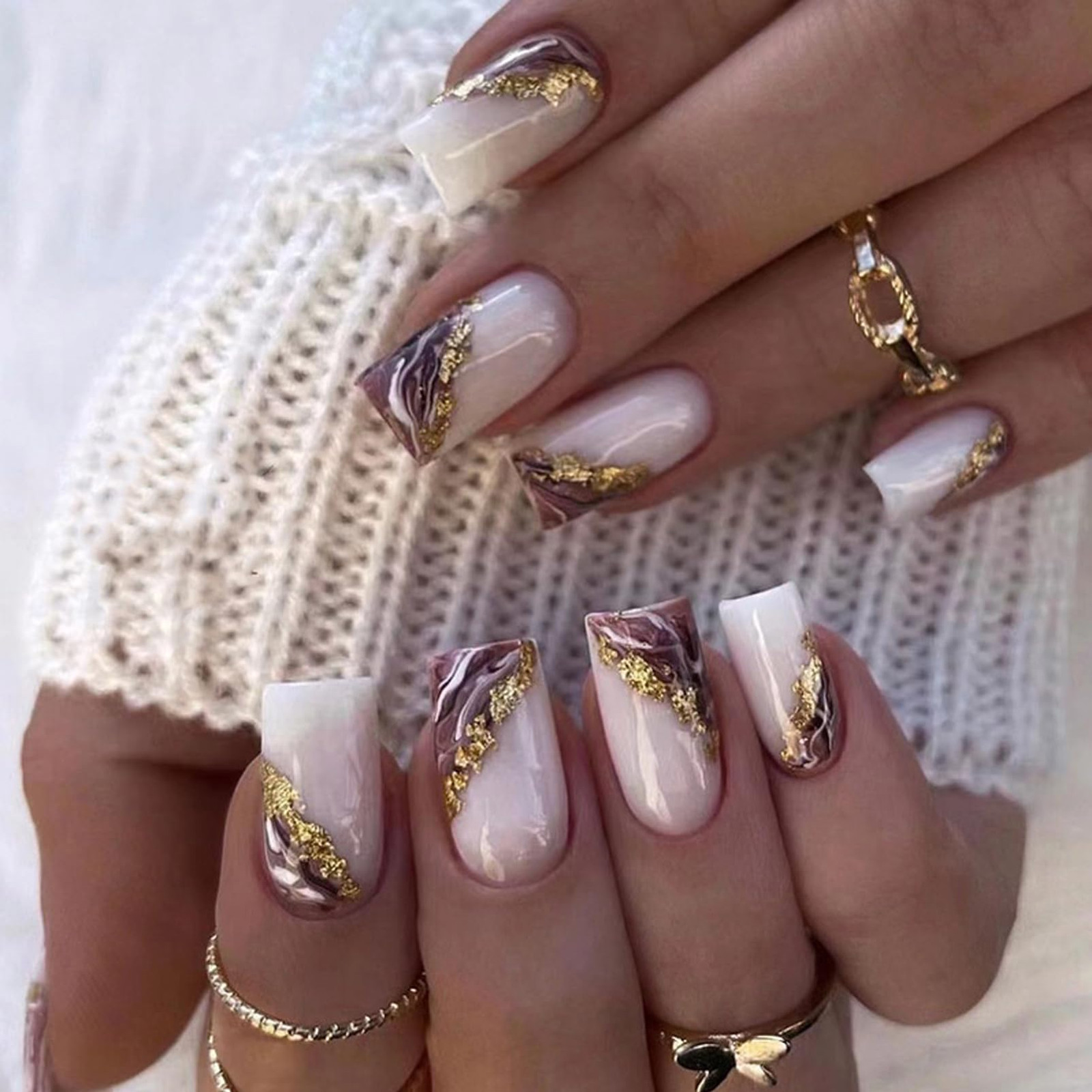 Diagonal Marble and Gold Foil Medium Squares Diagonal Marble and Gold Foil Medium Squares — Foil Nails