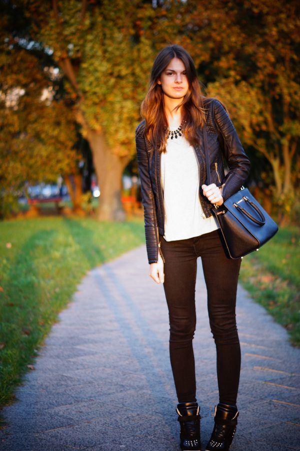Edgy Casual Look with Black Leather Jacket and Studded Sneakers — Michael Kors Bag Outfits