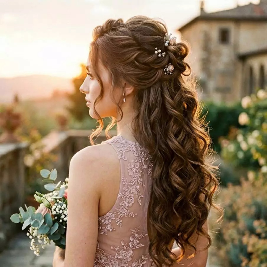 Medium Brown Half-Up Half-Down with Pins Medium Brown Half-Up Half-Down with Pins — Prom Hairstyles for Curly Hair