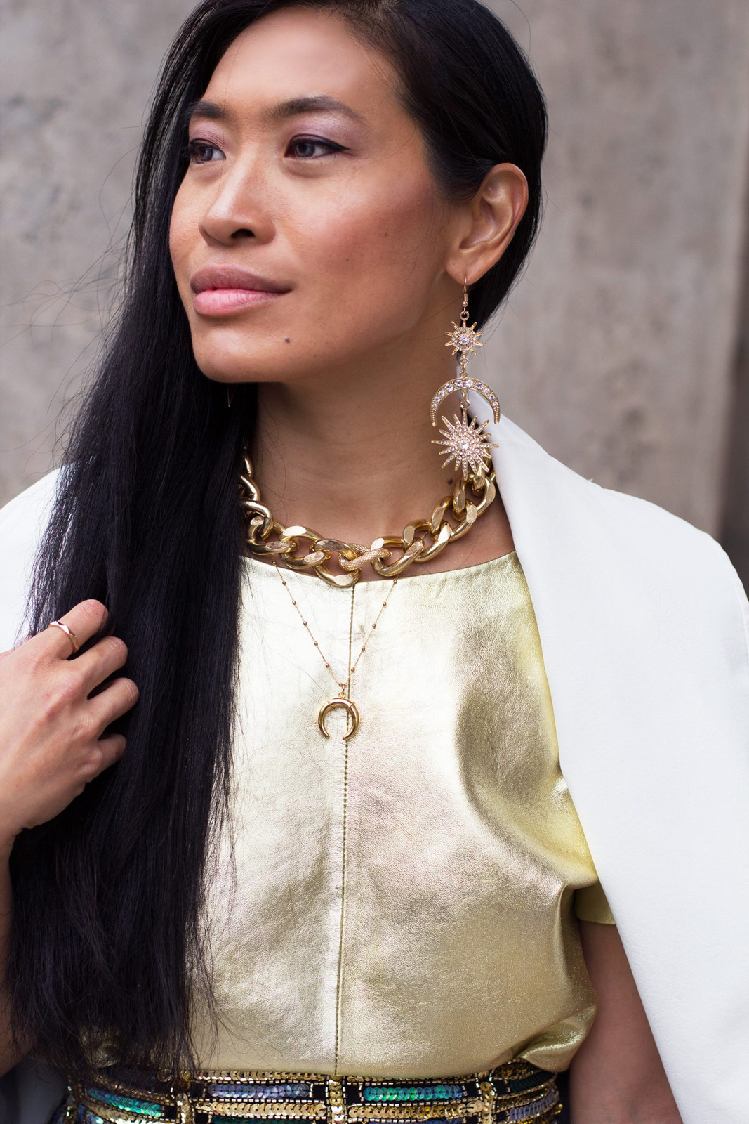 Layered Gold Necklaces with White Blazer and Metallic Top — Chunky Gold Necklaces