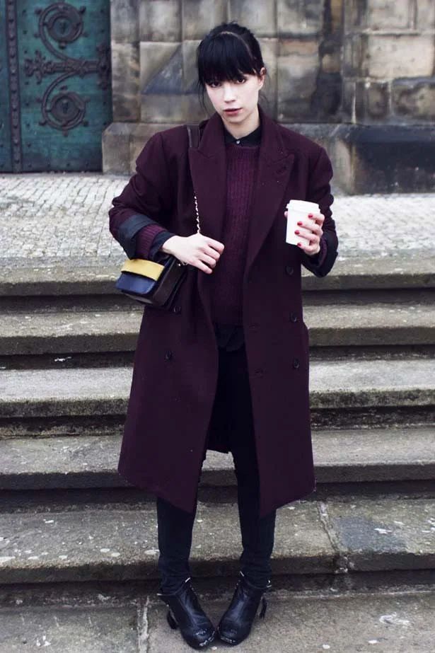 Burgundy Oversized Coat with Striped Shirt and Trousers — Prague Outfits