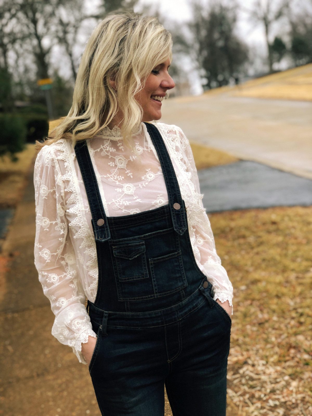 Dark Wash Overalls with Lace Blouse and Pointed-Toe Heels Dark Wash Overalls with Lace Blouse and Pointed-Toe Heels