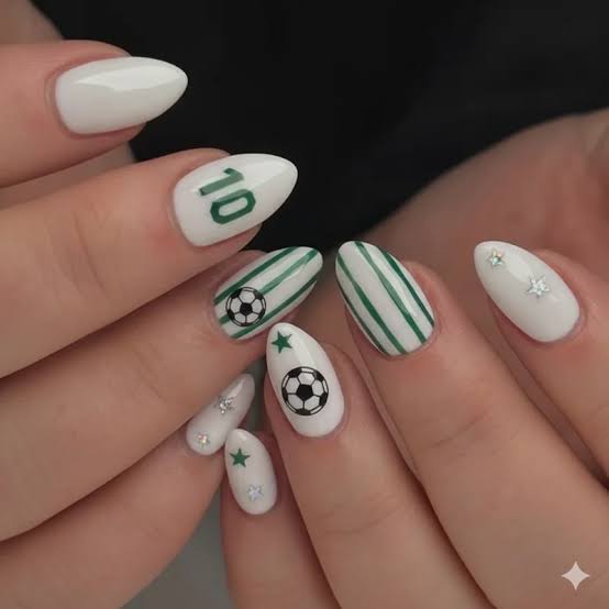 White Oval Nails with Green Stripes and Soccer Motifs White Oval Nails with Green Stripes and Soccer Motifs — Soccer Nails