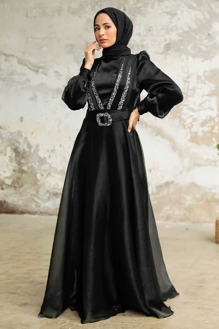 Black Organza A-Line Dress With Silver Buckle Belt — Formal Hijab Outfits