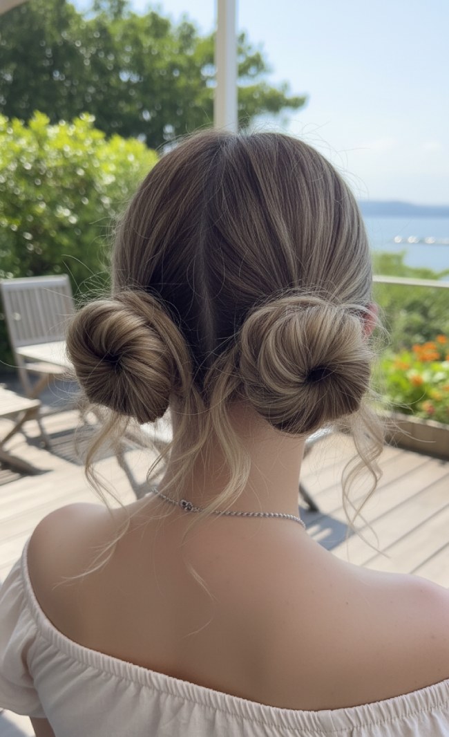 Low Ash Blonde Space Buns With Loose Tendrils Low Ash Blonde Space Buns With Loose Tendrils