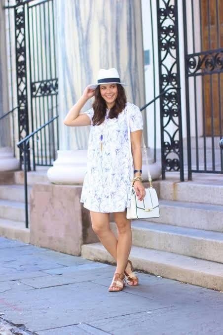 Blue and White Printed Shift Dress with Fedora — Charleston Outfits