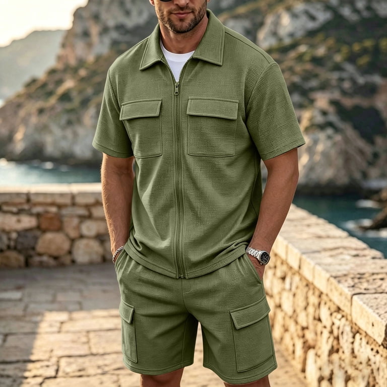Textured Comfort: Olive Green Waffle Knit Zip-Up and Cargo Shorts — Mens Gym Outfits