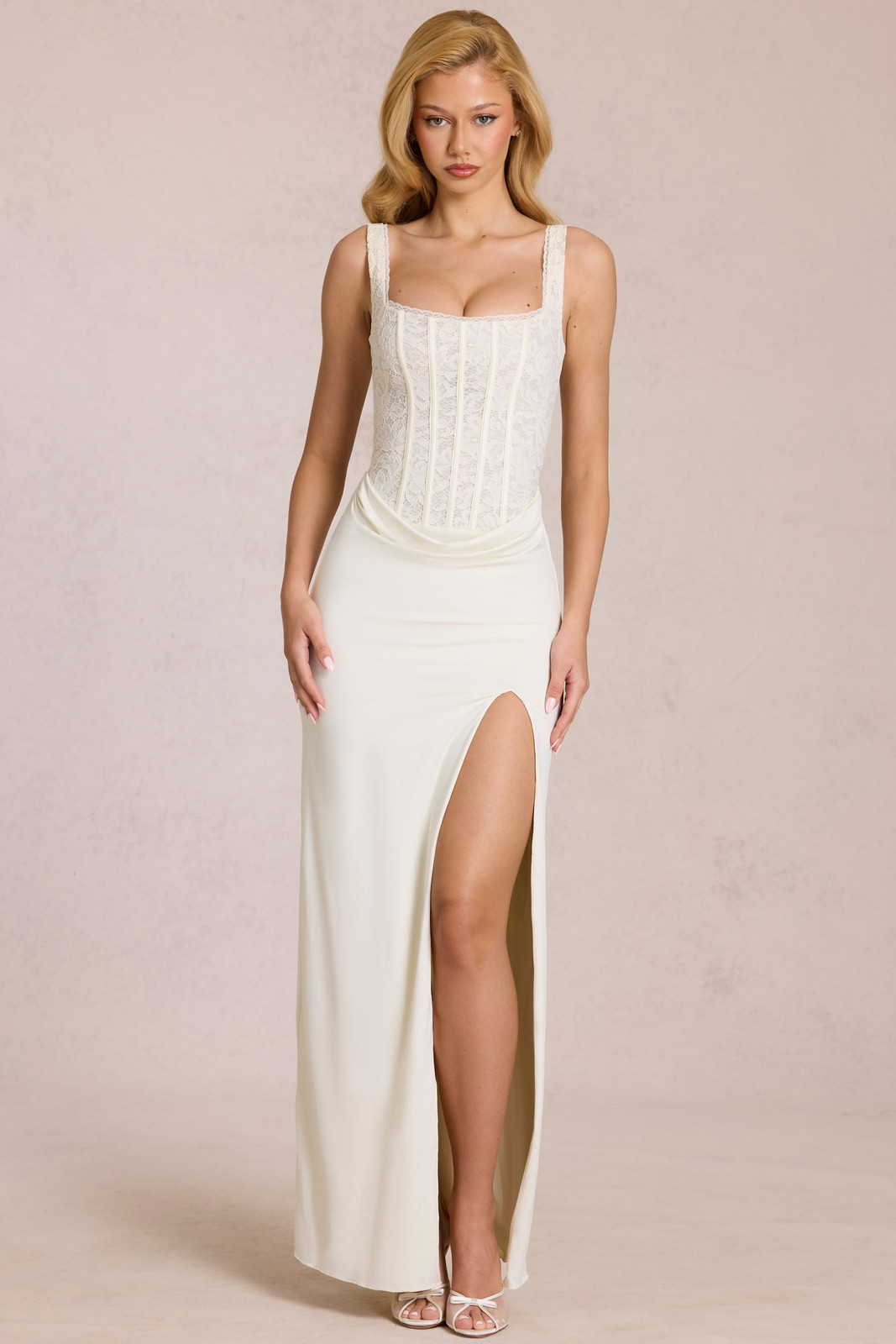 Ivory Lace Corset Maxi Dress with Draped Skirt and High Slit — Engagement Party Dresses