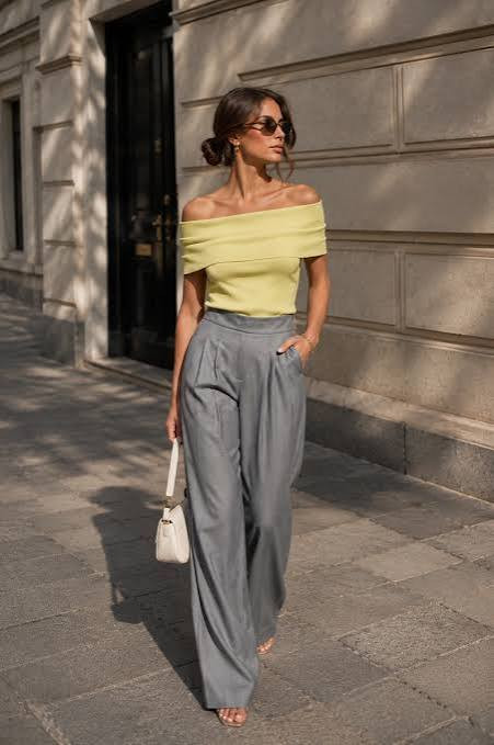 Yellow Off-the-Shoulder Top with Folded Neckline and Grey Wide-Leg Trousers — Off the Shoulder Tops