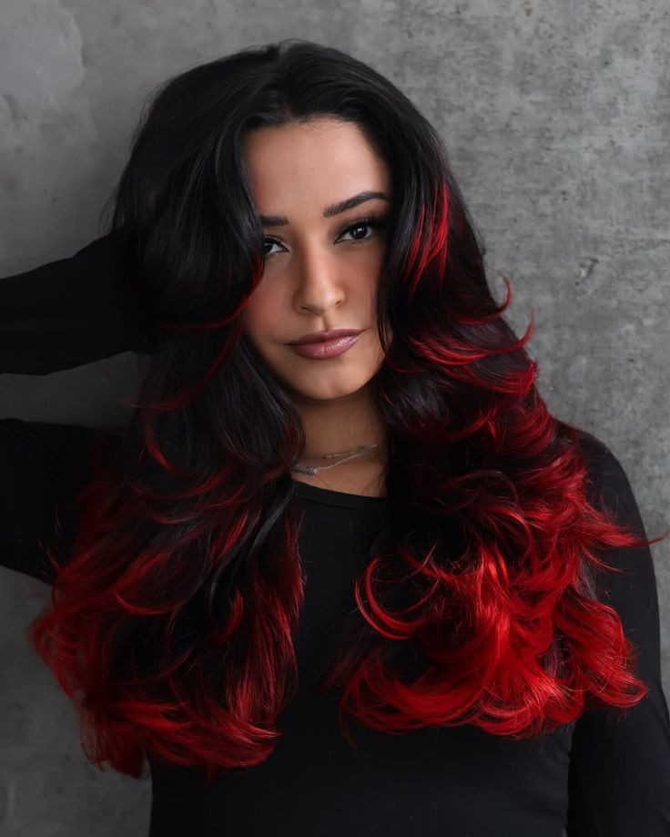 Black Base With Bright Red Highlights and Tips Black Base With Bright Red Highlights and Tips — Red and Black Hair