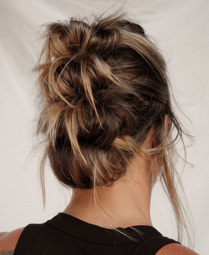 Blonde Textured Bun with Loose Strands Blonde Textured Bun with Loose Strands — Messy Updo