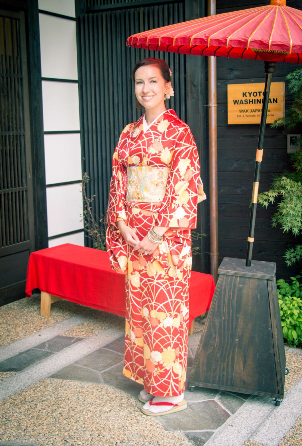 White and Red Kimono with Gold Accents for a Kyoto Tea Ceremony — Kyoto Outfits