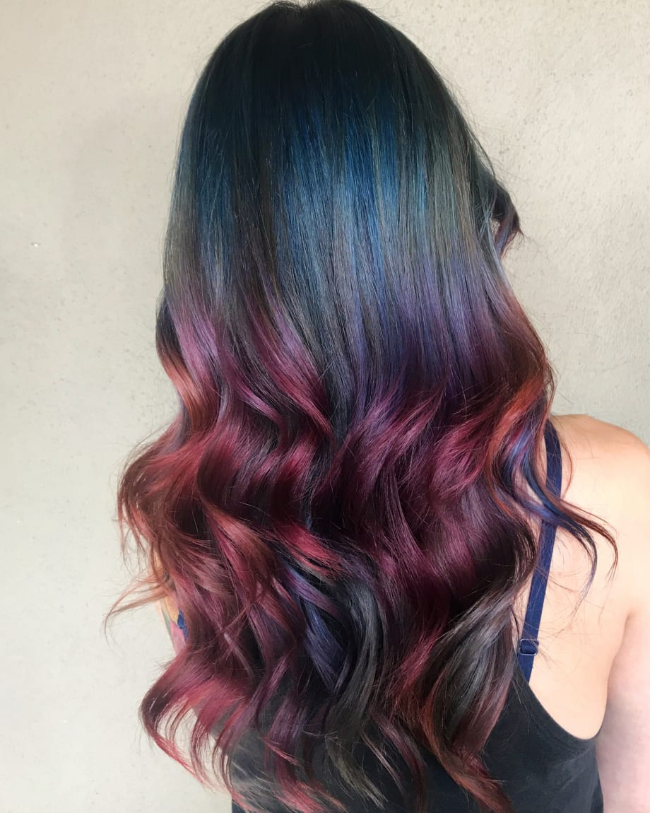Gradient Long Layers In Burgundy And Teal Gradient Long Layers In Burgundy And Teal — Oil Slick Hair
