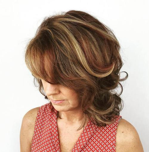 Layered Lob with Caramel and Auburn Highlights Layered Lob with Caramel and Auburn Highlights — Lowlights Over 50