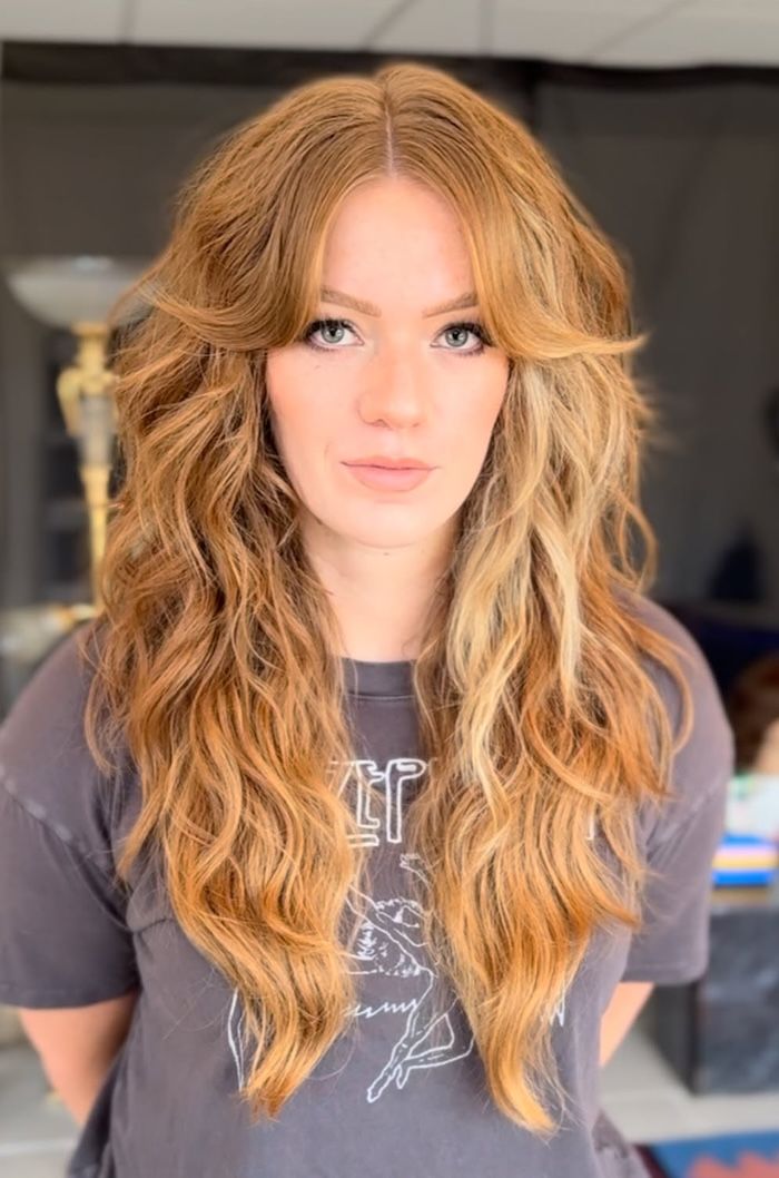 Caramel Blonde Shag With Voluminous Waves Caramel Blonde Shag With Voluminous Waves — Long Shag