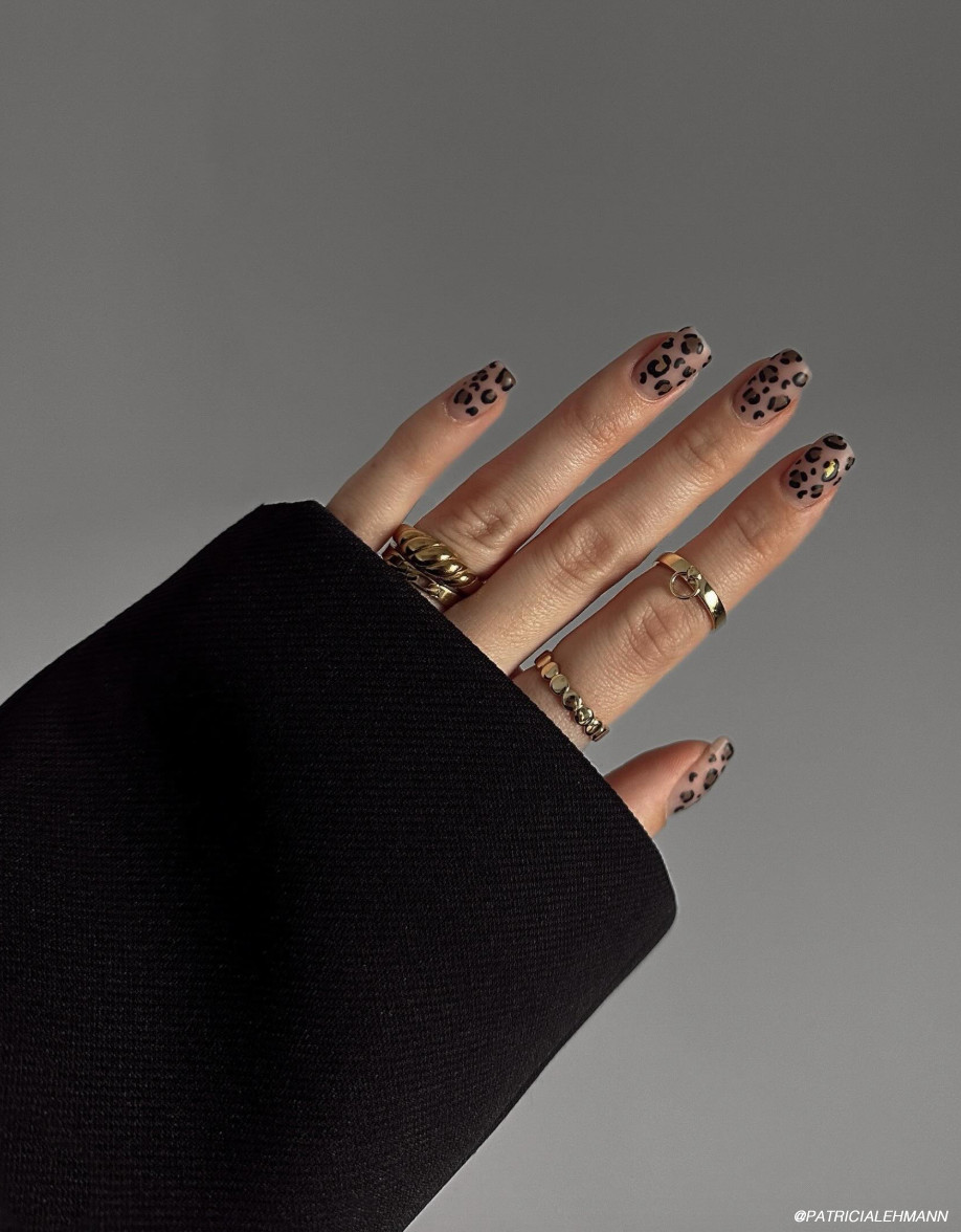 Glossy Beige Leopard Medium Square Nails — Animal Print Nails