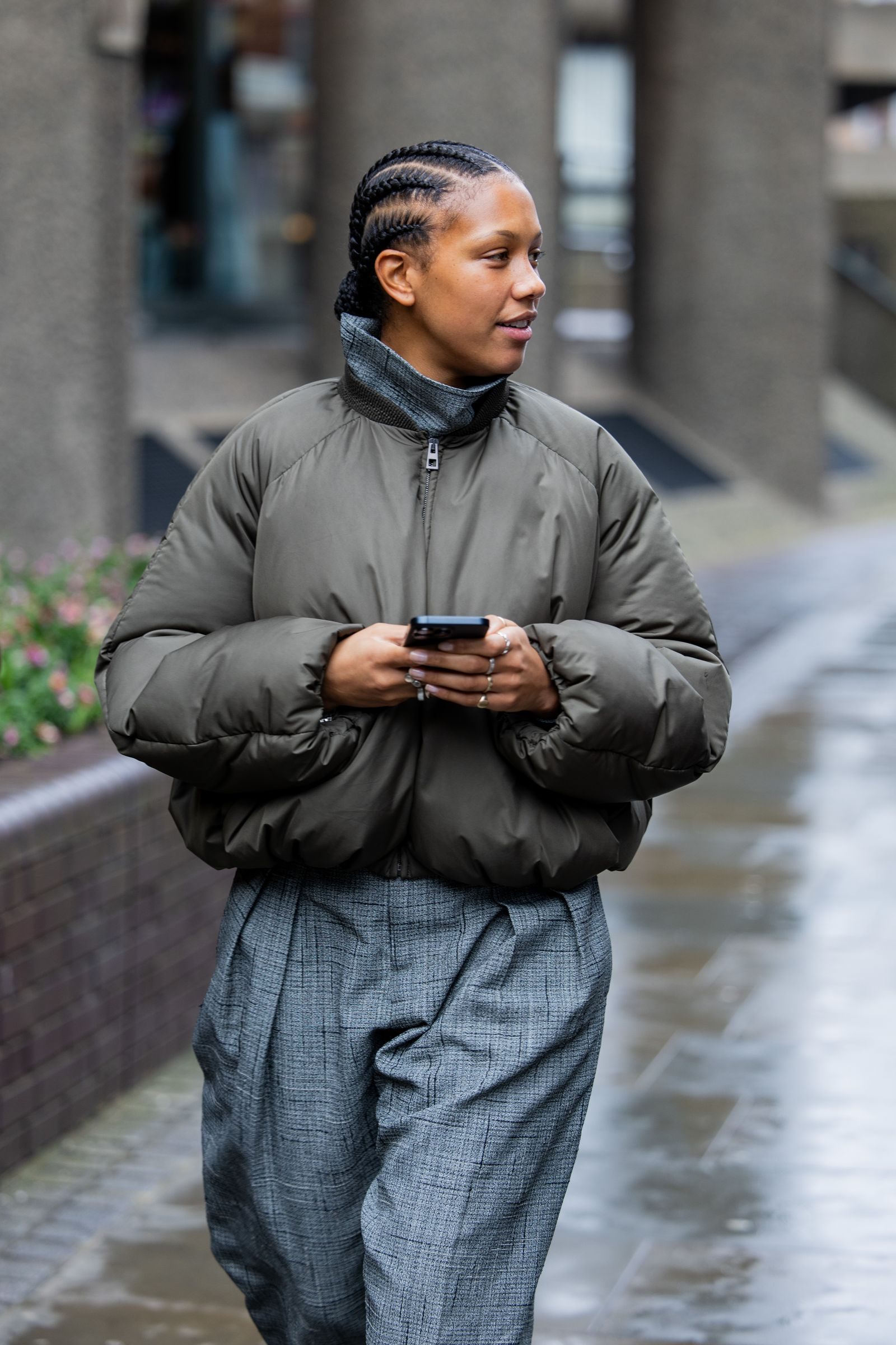 Khaki Puffer Bomber with Pleated Grey Pants — Bomber Jacket Outfits