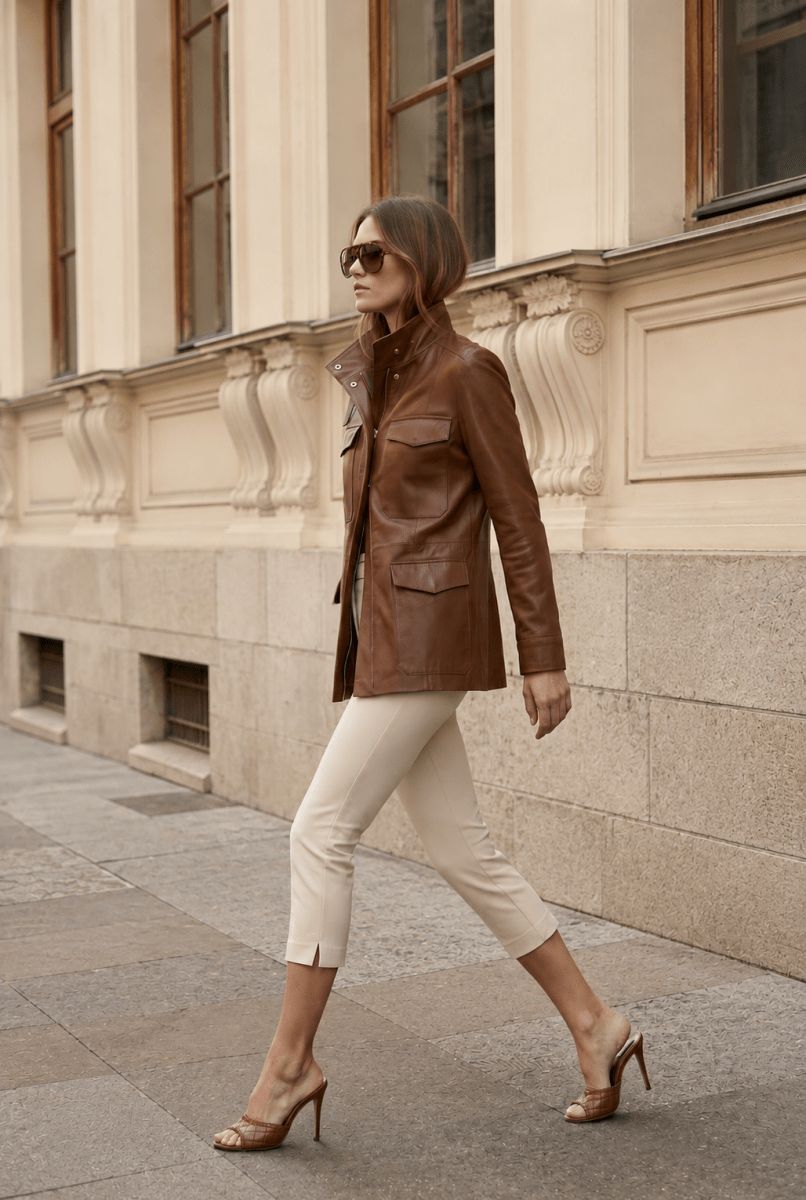Cognac Leather Safari Jacket with Cream Trousers — Safari Outfits