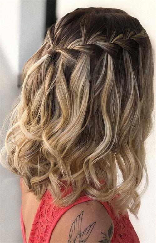 No Bangs Dark Brown Caramel Highlight Waterfall Braid