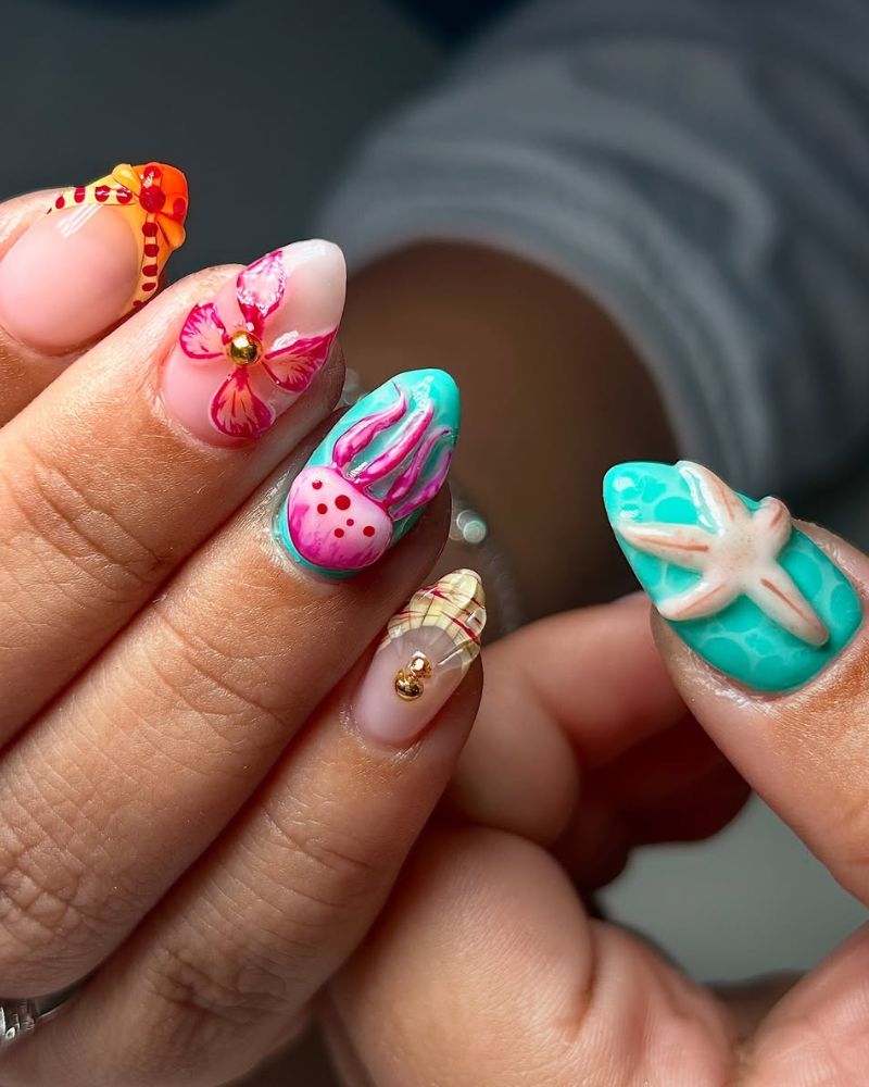 3D Sea Creature French Tip Medium Almonds — Girls Trip Nails