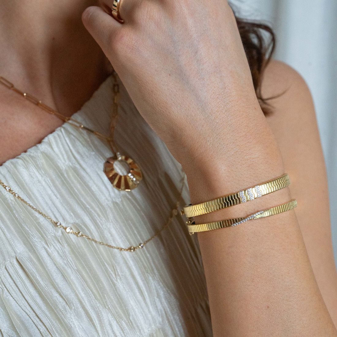 Stacked Gold Cuffs and Necklaces with Pleated Fabric — Gold Jewelry Stack