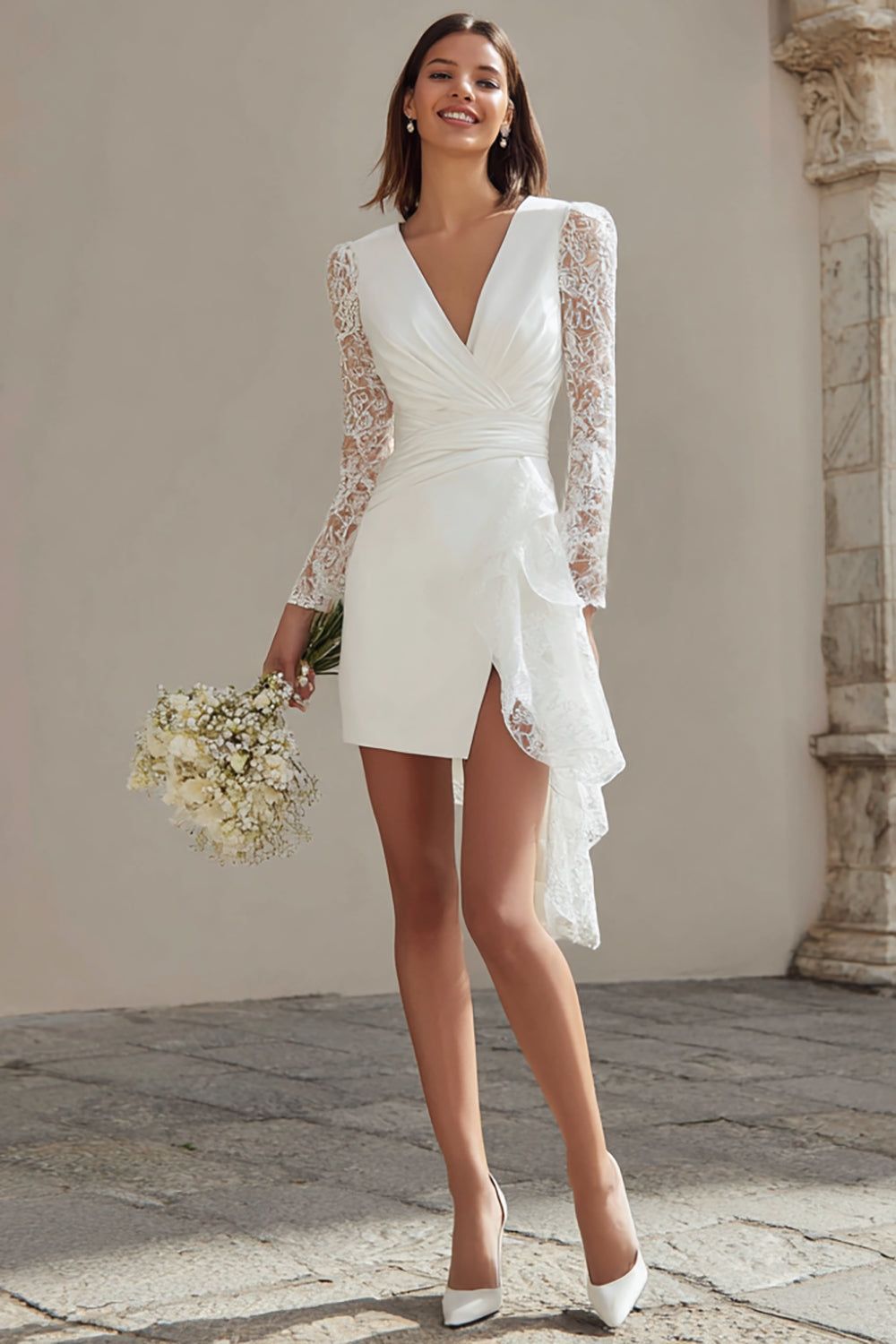 White Mini Dress with Lace Sleeves and Asymmetrical Hem White Mini Dress with Lace Sleeves and Asymmetrical Hem — Bridal Shower Dresses