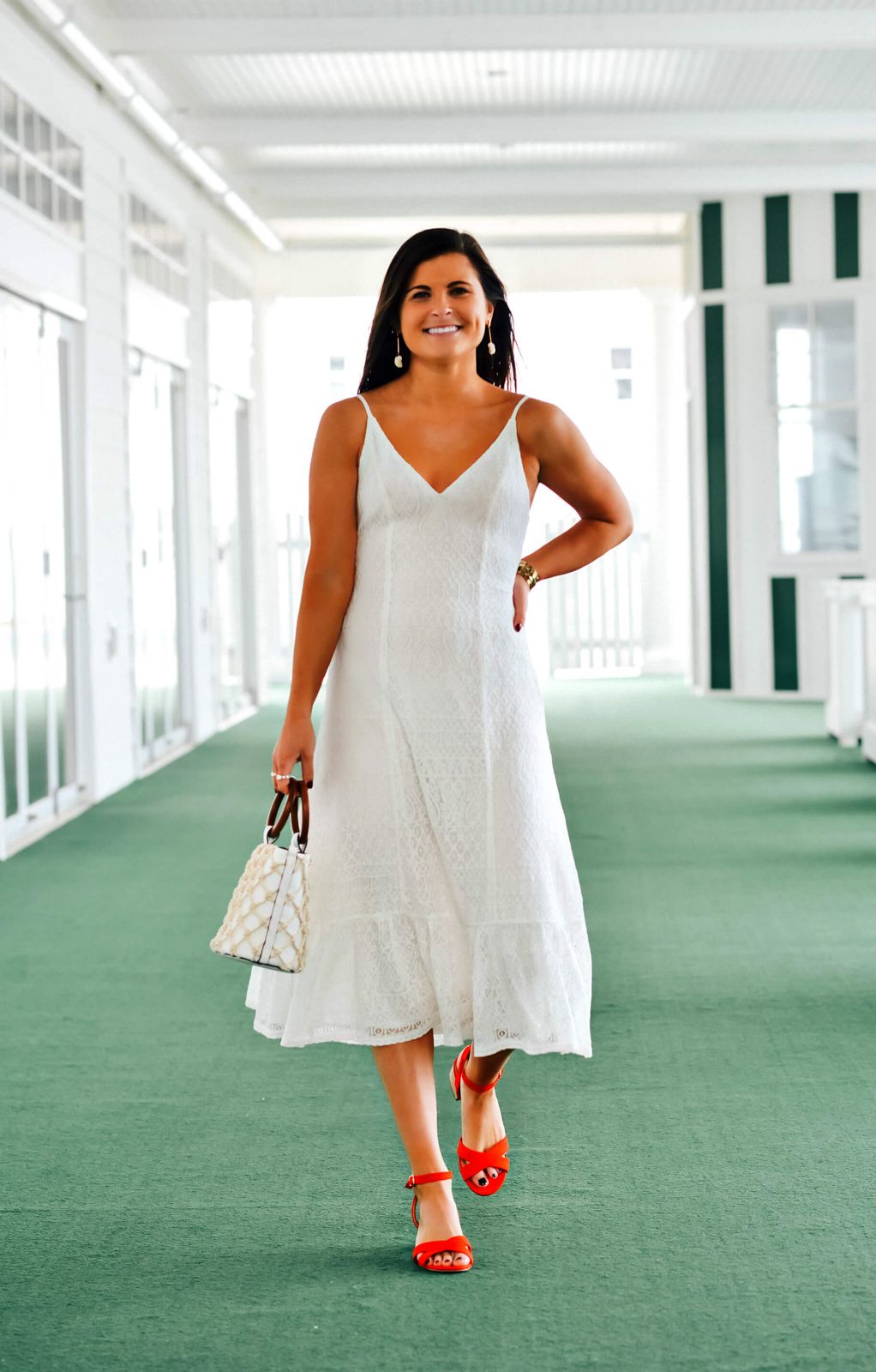 White Lace Midi Dress: Red Sandal Accent — Lace Dress Outfits