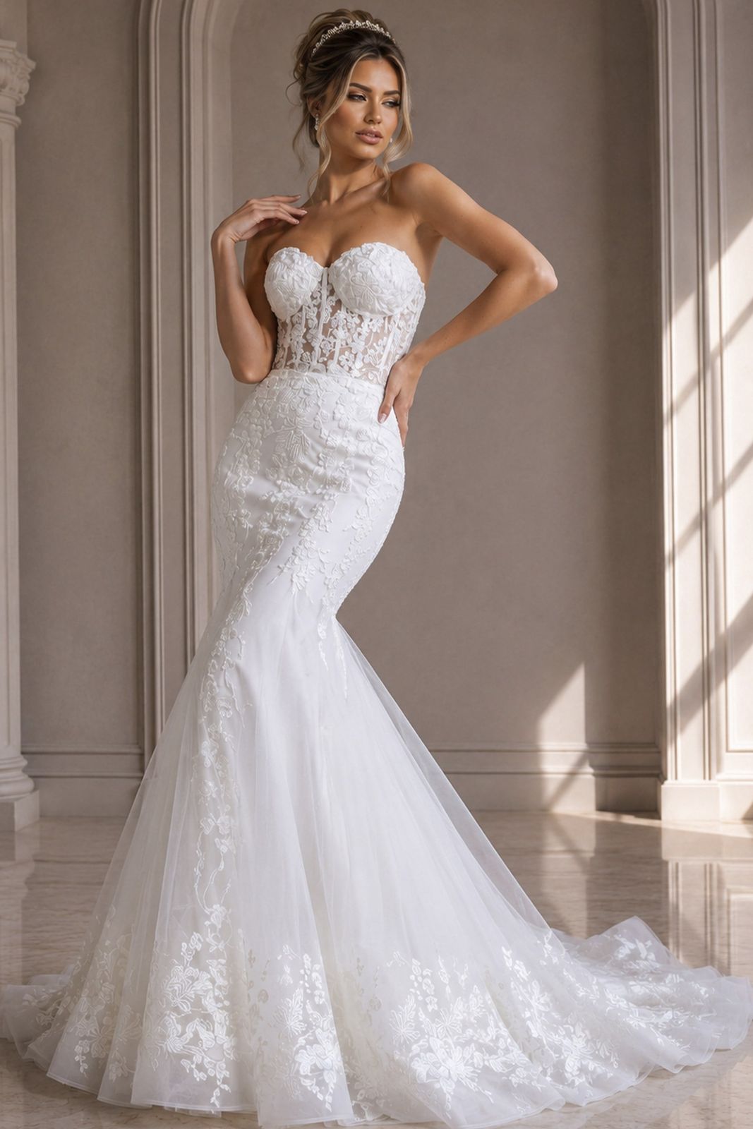 Ivory Strapless Mermaid Wedding Dress with Tulle Skirt and Lace Bodice Ivory Strapless Mermaid Wedding Dress with Tulle Skirt and Lace Bodice — Mermaid Dresses