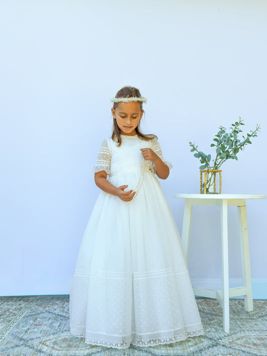 Floor-Length A-Line Dress with Lace Trim and Flower Crown Floor-Length A-Line Dress with Lace Trim and Flower Crown — First Communion Outfits