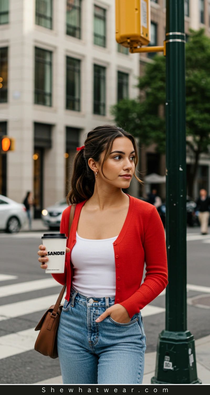 Red Cardigan and Jeans for a Casual Coffee Date Red Cardigan and Jeans for a Casual Coffee Date — Coffee Date Outfits